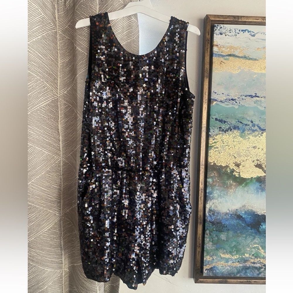 J Crew Collection Romper Sequin Starts Black Neckline  Lined Pockets Sz 6